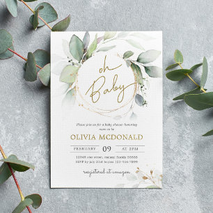 Invitación Oh bebé Greenery Gold Foliage Eucalyptus Invitatio