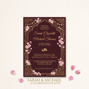 Invitación Anillos de boda elegantes de oro rosa con burgundy