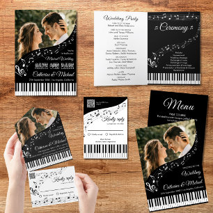 Invitación Piano Music Boda de código QR de foto en blanco y 
