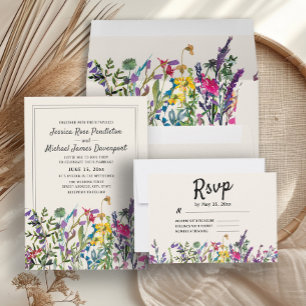 Tarjeta De Confirmación De Asistencia Watercolor Flores silvestres Boho Country Wedding 