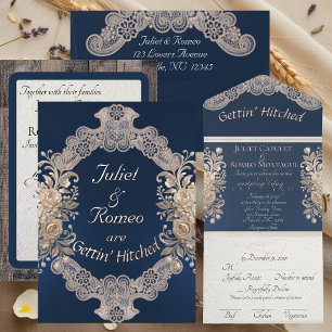 Invitación Todo En Uno Flores, encajes y herraduras, cinta morada