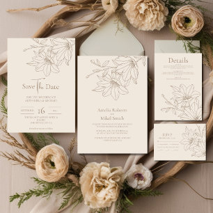 Invitación Todo En Uno Elegante Boda floral moderno de lineart beige