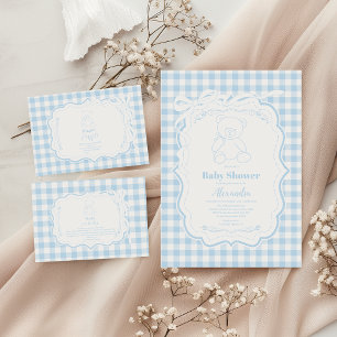 Invitación Cute Gingham French Teddy Bear Baby Shower