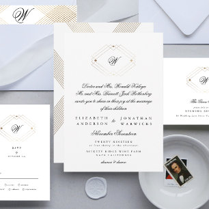 Invitación Calligrafía Monograma Dorado Deco Boda