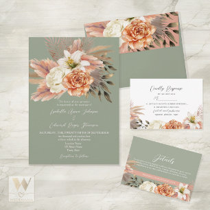 Tarjeta de RSVP de boda floral verde salvia y melo