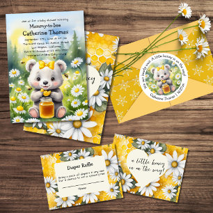 Pegatina Redonda Honey Bear Daisy Flower Garden Spring Baby Shower