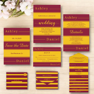 Tarjeta De Recepción Elegante Boda De Fancy Burgundy Y Gold Stripes