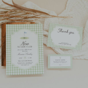 Tarjeta De Agradecimiento Nuevo en el Club de Golf Verde Gingham Baby Shower