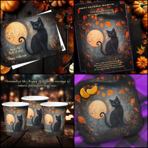 Postal Ornato de la luna llena de gato negro de Halloween