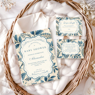 Invitación Fiesta de Bebé Botánico Vintage Azul