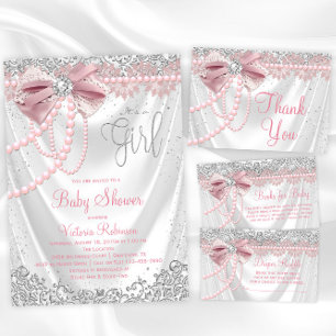 Tarjeta De Agradecimiento Elegante Rubor Rosa Diamond Pearl Baby Shower