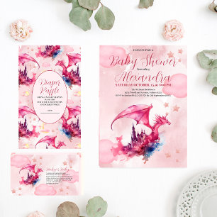 Invitación Whimsical Watercolor Pink Dragon Baby Shower