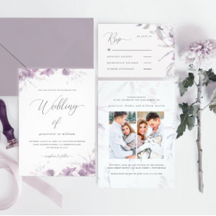 Invitación Floral púrpura de moda con Boda fotográfico de cal