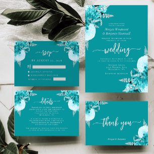 Tarjeta De Agradecimiento Boda de escritura floral plateada turquesa