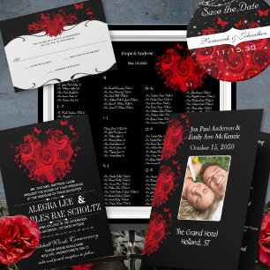 Invitación Rosas del corazón rojo y negro mariposa Bodas