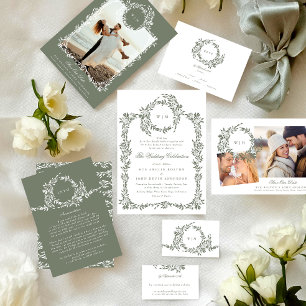 Invitación Wreath Monograma Sage Green Elegante Boda de marco