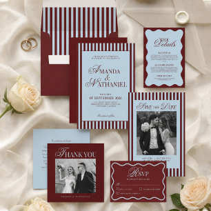 Tarjeta De Agradecimiento Boda Retro de Rayas Azul Hielo y Borgoña
