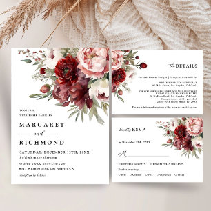 Tarjeta De Agradecimiento Boda floral rosada de Rubor en Borgoña Gracias Car