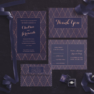 Invitación a la boda personalizada Navy Gold Art D