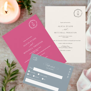 Tarjeta De Confirmación De Asistencia Boda azul polvoriento con monograma floral clásico