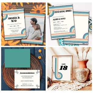 Invitación Boda Retro Del Tema De Los 70 De Colorido Vintage