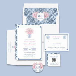 Tarjeta De Recepción Código QR del Boda de claves griega azul y blanca 