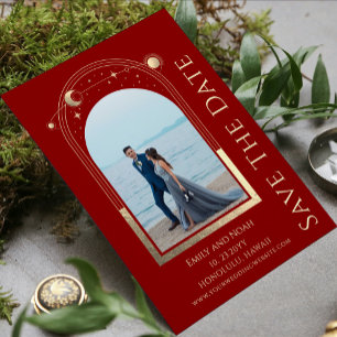 Invitación Boda de fotografía místico y celeste de oro rojo o