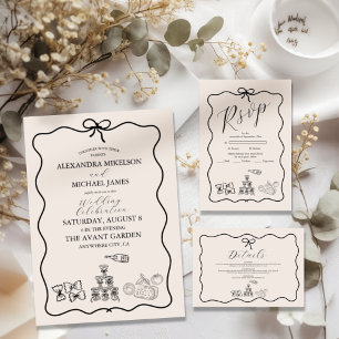Tarjeta De Recepción Boda de Doodle Italiano Brillante de Onda Negra