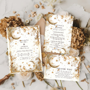 Invitación Boda Celestial de Oro Blanco Luna y Estrellas