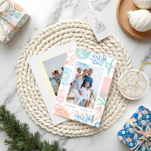 Tarjeta Festiva Navidades costeros Beach Watercolor Seashell Photo