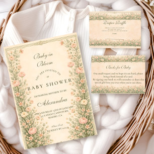 Invitación Chorreada de bebé de rosa botánica vintage