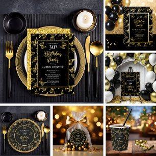 Invitación Con Relieve Metalizado Elegante mariposa 30 cumpleaños Fiesta Oro Negro