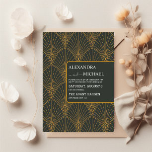 Invitación Elegante compromiso Art Deco Gold Green