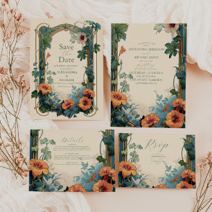 Tarjeta De Confirmación De Asistencia Olive & Naranja Boda Vintage Art Nouveau Floral