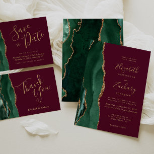 Invitación Moda Emerald Green Gold Agate Burgundy Boda