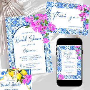 Invitación Baldosas azules y buganvillas elegantes mediterrán