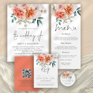 Invitación Peach Coral Peonies Floral 3 Photo QR Code Boda