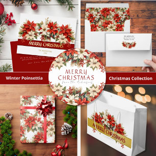 Tarjeta Festiva Con Relieve Metalizado Elegante Poinsettias Feliz Navidad