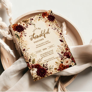 Invitación Cena de Acción de Gracias floral de Borgoña lujosa