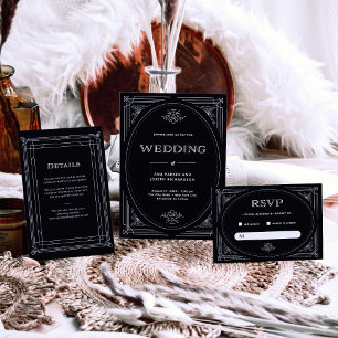 Menú Deco moderno   Elegante Boda blanco y negro onyx
