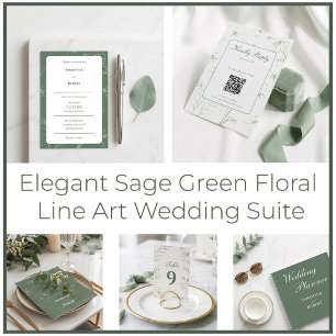 Invitación Elegante Arte de Línea Floral Verde Menta Boda