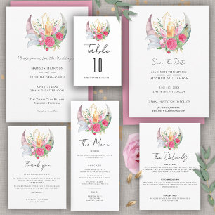 Tarjeta De Agradecimiento Boda Boho Luna Cristales Plumas Flores Rosas 
