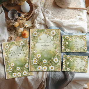 Invitación Daisies Art Nouveau Ivory Green Boda