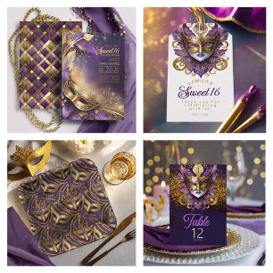 Invitación Sweet 16 Masquerade Purple Gold ID1032