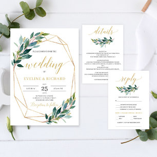Invitación Boda de eucalipto verde de marco hexagonal dorado