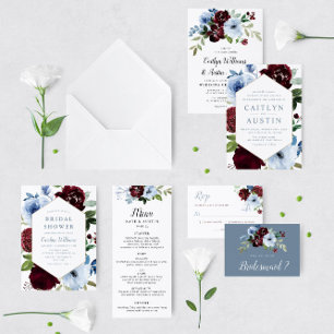 Invitación Elegante boda de flores turbias azul burdeos