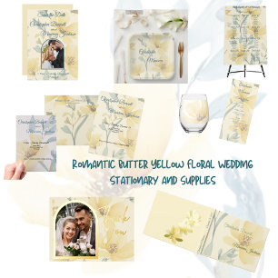 Invitación Postal Con Relieve Metalizado Butter Yellow Soft Blue Floral Boda Gracias