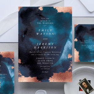 Invitación Watercolor Navy Blue Moody Rose Gold Wedding