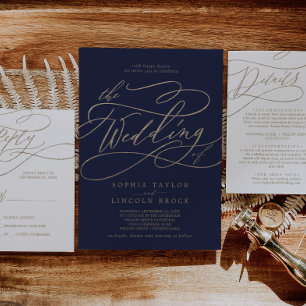 Invitación Caligrafía romántica de oro   Naval El Boda de