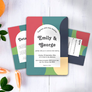 Invitación Modern Groovy Colorful Abstract Retro Boda Invi